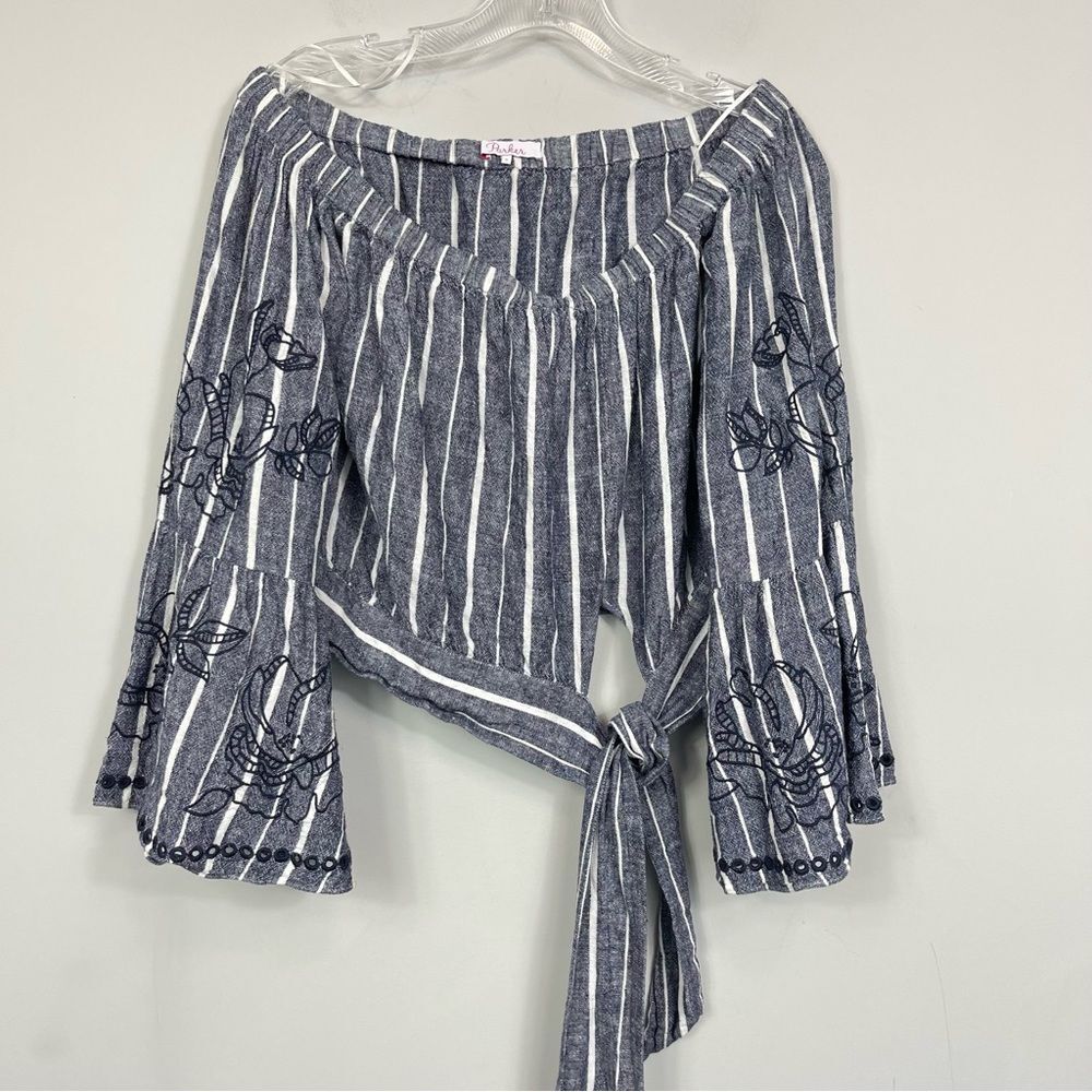 Parker Georgina Blue White Stripe Off-Shoulder Peasant Top S Revolve Cropped - Picture 5 of 11